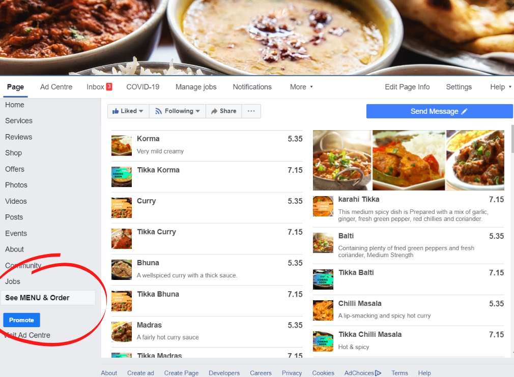 food ordering from facebook